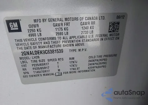 2012 Chevrolet Equinox 1Lt from USA, damaged, VIN 2GNALDEK9C6381539